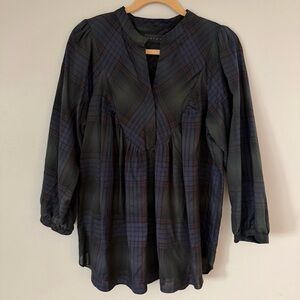 HATCH Maternity Indigo Plaid Long-Sleeve Peasant Blouse Size 1 (s/m)